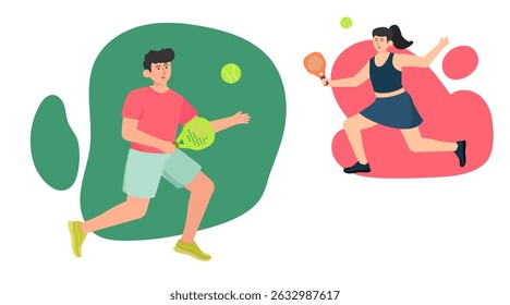 Hand drawn vector illustration of padel two player character in dynamic action pose, holding racket and hitting the ball. Sport athlete cartoon style in isolated background
