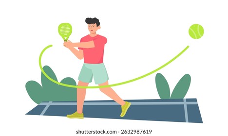 Ilustración vectorial dibujada a mano del personaje del jugador de pádel en una pose de acción dinámica, sosteniendo una raqueta y golpeando la pelota. Estilo de la historieta del atleta del deporte en fondo aislado
