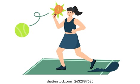 Ilustração vetorial desenhada à mão do personagem jogador mulher padel em pose de ação dinâmica, segurando raquete e batendo na bola. Estilo de desenho animado atleta esportivo em fundo isolado