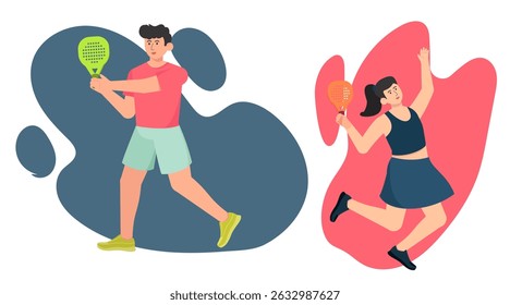 Hand drawn vector illustration of padel two player character in dynamic action pose, holding racket and hitting the ball. Sport athlete cartoon style in isolated background