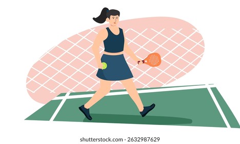 Hand drawn vector illustration of padel woman player character in dynamic action pose, holding racket and hitting the ball. Sport athlete cartoon style in isolated background