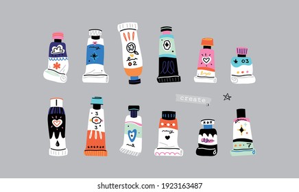 Hand drawn vector illustration of paint tubes.  Doodle style. Workshop, art studio, workplace, artist, art shop, painting, art tools.