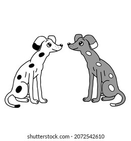 A Hand drawn vector illustration of a pair of beautiful happy young white and gray dogs with spots is sitting on a white background