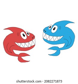Hand drawn vector illustration of a pair of beautiful little pink and blue young sharks on a white background
