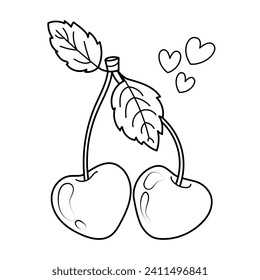 Hand drawn vector illustration of pair of heart shaped cherries.Romantic doodle sketch, graphic line art, colouring page