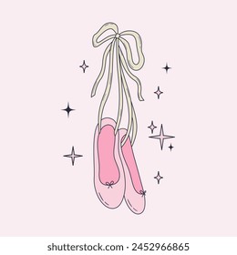 Hand drawn vector illustration of a pair of pointes. Hanging ballet shoes with ribbon bow. Coquette style dancing accessory. Balletcore clipart