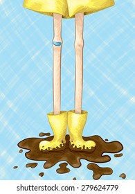 A hand drawn vector illustration of a pair of long, lanky legs with muddy rubber boots standing in a mud puddle.