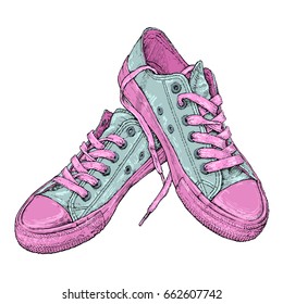 Hand drawn vector illustration with a pair of sneakers. Run Concept.
