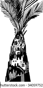 Hand drawn vector illustration with palm. Ink sketch. Black and white picture.