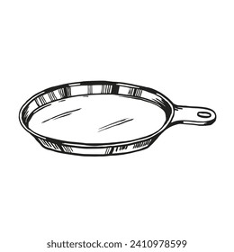 hand drawn vector illustration of pan, ink sketch of iron frying pan, black and white illustration of kitchen utensils, isolated on white background
