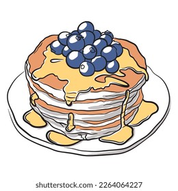 hand drawn vector illustration of pancakes with berries and jam