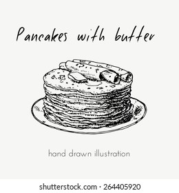  Hand Drawn Vector Illustration Of Pancakes  Pile With Butter. Graphics  Illustration