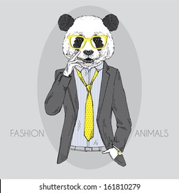 Hand Drawn Vector Illustration of Panda smoking cigarette in colors