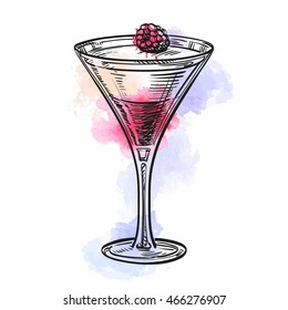Hand drawn vector illustration of panna cotta with raspberry. Isolated on white.  Watercolor background.