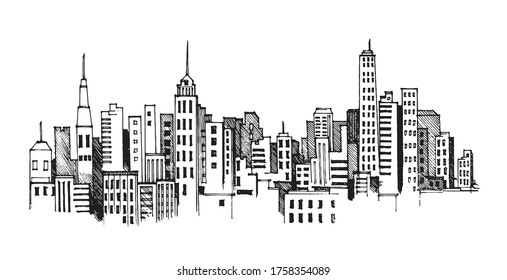 Hand drawn vector illustration. Panorama of the Cityscape