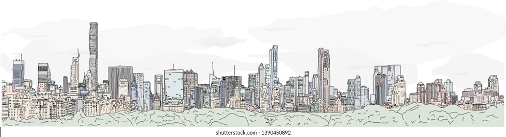 Hand drawn vector illustration. Panoramic view of the New York City skyline from the vantage point of the Upper East Side, with all the famous towers.