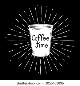 Hand drawn vector illustration with paper coffee cup and divergent rays. Used for poster, banner, web, t-shirt print, bag print, badges, flyer, logo design and more. 