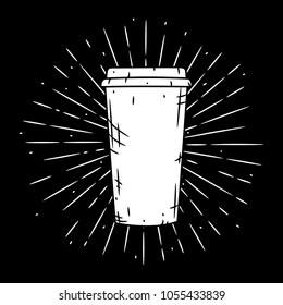 Hand drawn vector illustration with paper coffee cup and divergent rays. Used for poster, banner, web, t-shirt print, bag print, badges, flyer, logo design and more. 