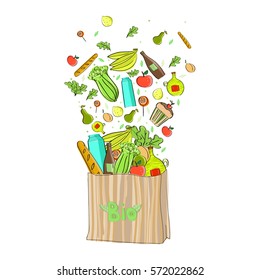Hand drawn vector illustration with paper bio packet and healthy food. Big vector collection of different types of organic food, fruits and vegetables. Goods for vegans.
