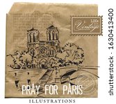 Hand drawn vector illustration of Paris made in vintage style. Cardboard background. Retro style textures. Ink drawing. Scrapbooking. Paris wine and romance. Notre-Dame de Paris and Siene river.