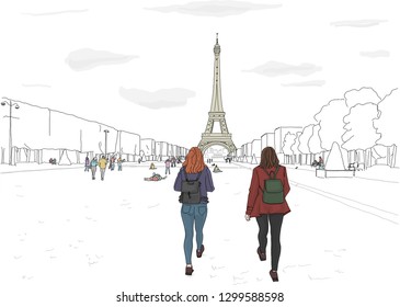 Hand drawn vector illustration. In Paris, friends walk along the Champ Du Mars park with the Eiffel Tower in the distance, on a beautiful day.