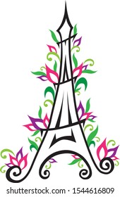 Hand drawn vector illustration with Paris symbol Eiffel tower and abctract flower decoration in doodle style