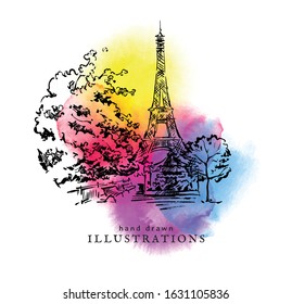 Hand drawn vector illustration of Paris made in vintage style. Bright  made in vintage style. The Eiffel Tower. Luxembourg Garden view. Bright watercolor background. Isolated watercolor spot.  