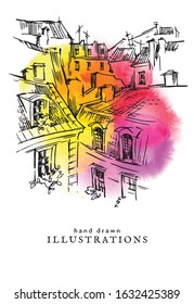 Hand drawn vector illustration of Paris made in vintage style. Bright made in vintage style. Bright watercolor background. Isolated watercolor spot. Yellow, pink, red waterclor spots. Roofs of Paris.