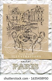 Hand drawn vector illustration of Paris made in vintage style. Cardboard background. Retro style textures. Ink drawing. Scrapbooking. Paris wine and romance. Table and chairs on the balcony.