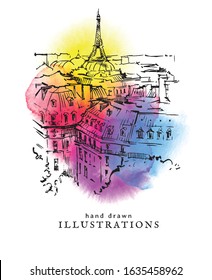 Hand drawn vector illustration of Paris made in vintage style. Bright watercolor background. Isolated watercolor spot. Yellow, pink, red waterclor spots. The Eifel Tower.