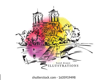 Hand drawn vector illustration of Paris made in vintage style. Notre-Dame de Paris drawing. Bright watercolor background. Isolated watercolor spot. Yellow, pink, red wat