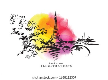 Hand drawn vector illustration of Paris made in vintage style. Bright watercolor background. Isolated watercolor spot. Yellow, pink, red waterclor spots. The Eiffel Tower drawing.