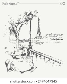 Hand drawn vector illustration of Paris cafe with Eiffel Tower view