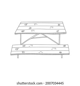 Hand drawn vector illustration of park picnic table with benches. Cartoon doodle style isolated on white background