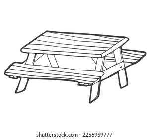 Hand drawn vector illustration of park picnic table with benches. Cartoon doodle style isolated on white background