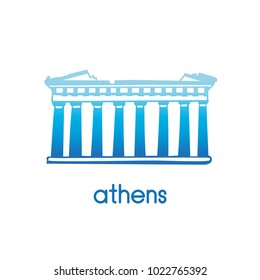 Hand drawn vector illustration Parthenon Athens with hand drawn doodle greek symbol. Simple minimalistic logo and icon design in national greek blue color gradient isolated on white. 