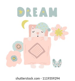 Hand drawn vector illustration pastel color post card  cute cartoon sleeping animal, abstract flowers and slippers on the white background 