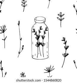 Hand drawn vector illustration. Pattern of simple flowers, twigs, bottle with sprigs . Black lines on white background, sketch, minimalism. For decoration of natural and organic cosmetics, textiles.