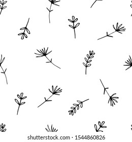 Hand drawn vector illustration. Pattern of simple flowers, twigs. Black lines on white background, sketch, minimalism. For decoration of natural and organic cosmetics, textiles.