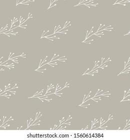 Hand drawn vector illustration. Pattern of simple twigs, grass, simple cartoon pattern, light on beige, background, silhouette.