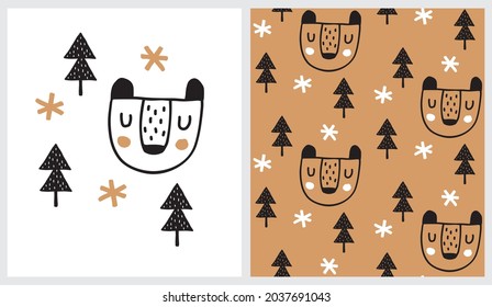 Hand Drawn Vector Illustration and Pattern with Cute Dreamy Bear. Infantile Style Woodland Party Print. Simple Abstract Black Trees, Star and Funny Bear Isolated on a White and Brown Background.
