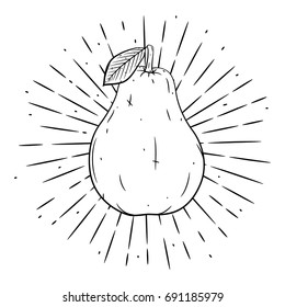 Hand drawn vector illustration with a pear and divergent rays. Used for poster, banner, web, t-shirt print, bag print, badges, flyer, logo design and more. Cartoon pear.
