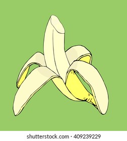 Hand drawn vector illustration of a peeled and bited banana.
