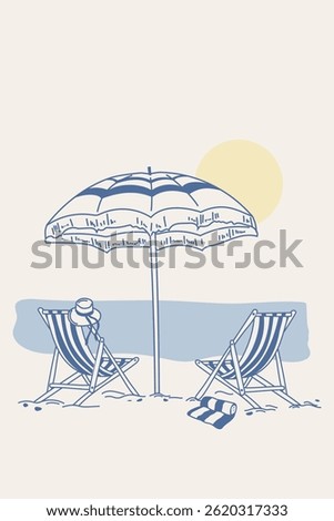 Hand drawn vector illustration in pencil sketch style pencil sketch beach scene with umbrella, deck chairs and hat.Line art. Vector illustration