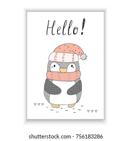 Hand drawn vector illustration with penguins. Printable templates.