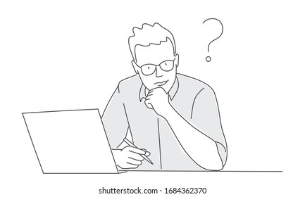 Handgezeichnete Vektorillustration Illustration von pensioniertem Mann, der am Tisch sitzt.Fragezeichen.