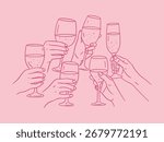 Hand drawn vector illustration of people toasting with champagne glasses. Perfect for celebration, party invitations, wedding designs, holiday cards and festive layouts.