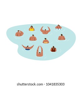Hand drawn vector illustration of people relaxes in the sea on white background. People swim in a pool.