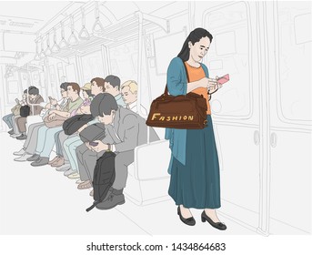 Hand drawn vector illustration. People ride the subway in big city.
