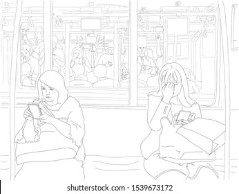 Hand drawn vector illustration. People ride a subway, with another subway car behind them.